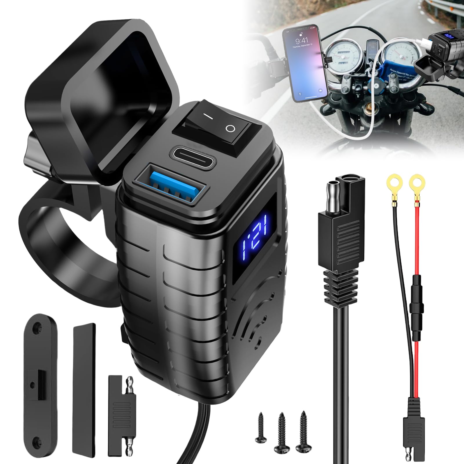 Prise USB Moto ZIGefofo 12V Étanche - Quick Charge 3.0 Et PD Type-C - Voltmètre LED - Pour Guidon