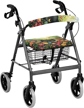 Black Cat Flower Rollator Walker Seat & Backrest Covers - Washable, Dust Proof, Universal Fit for Seniors, Soft Fabric Walker Accessories