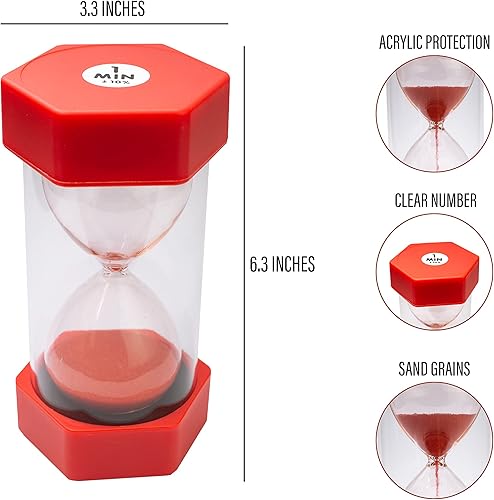 Miniatura 2 de TeacherFav Temporizador de arena para niños, 1 minuto, rojo, reloj cubierto de acrílico de reloj de arena de 6.3 pulgadas para aula, hogar y