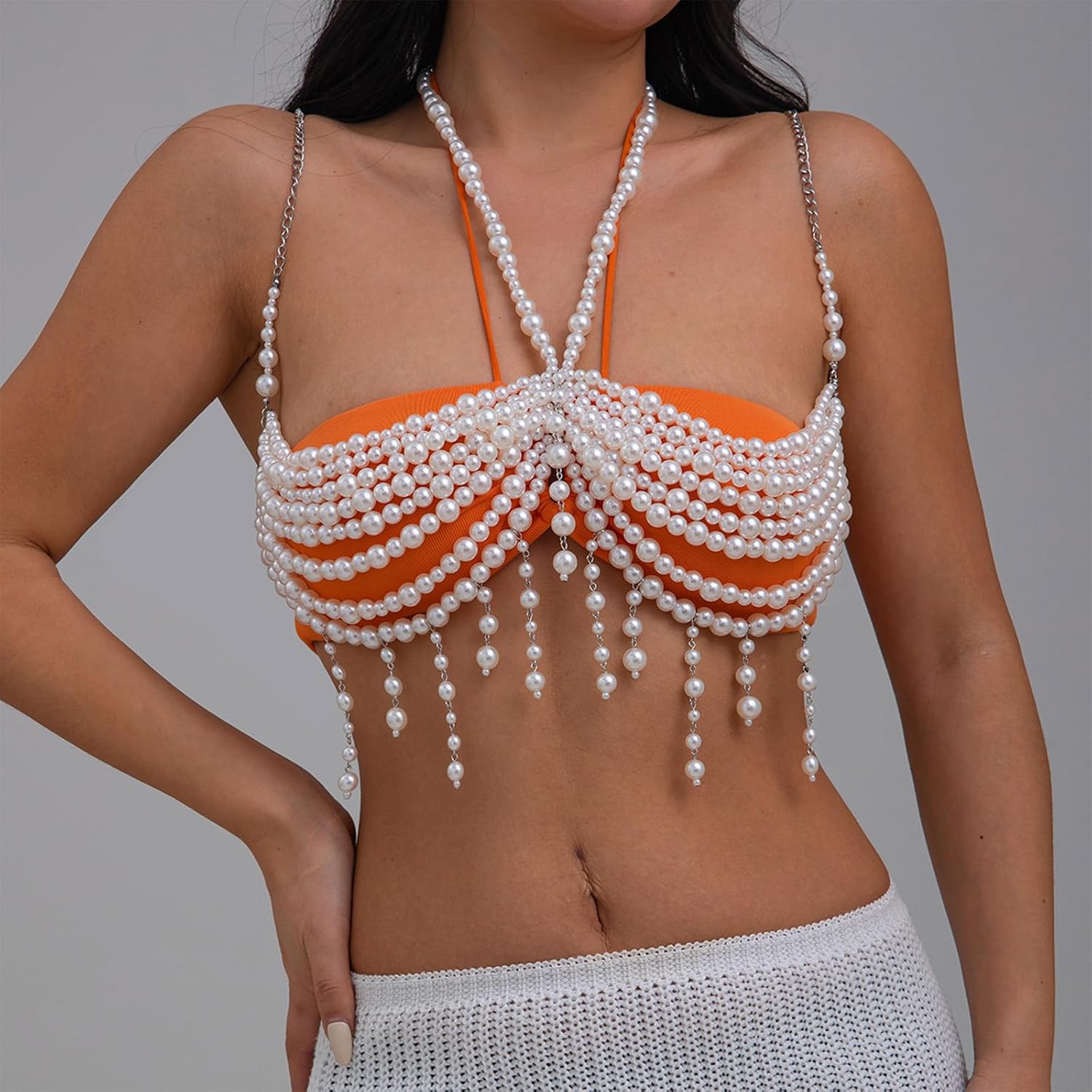 Body Chain,Trendy Elegant Pearls Chest Chain Bra Jewelry Accessory Portable For Nightclubs And Party