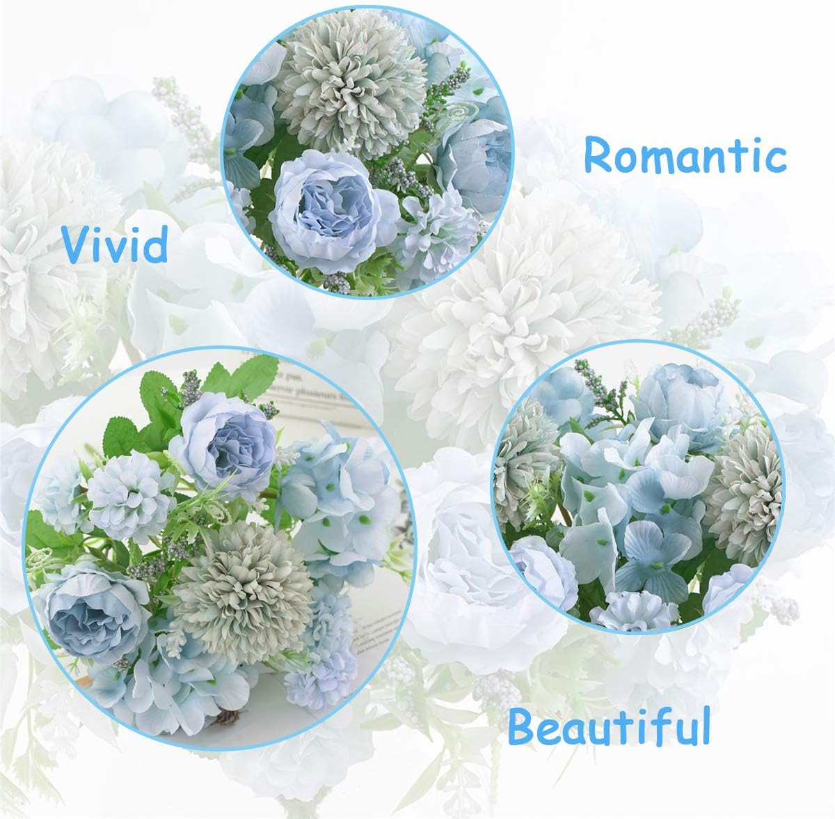 Artificial Flowers, Fake Peony Silk Hydrangea Bouquet Decor Plastic Carnations Daisy Realistic Flower Arrangements Wedding Decoration Table Centerpieces,for Home Office Party Decor 2 Pcs(Blue) - Image 5