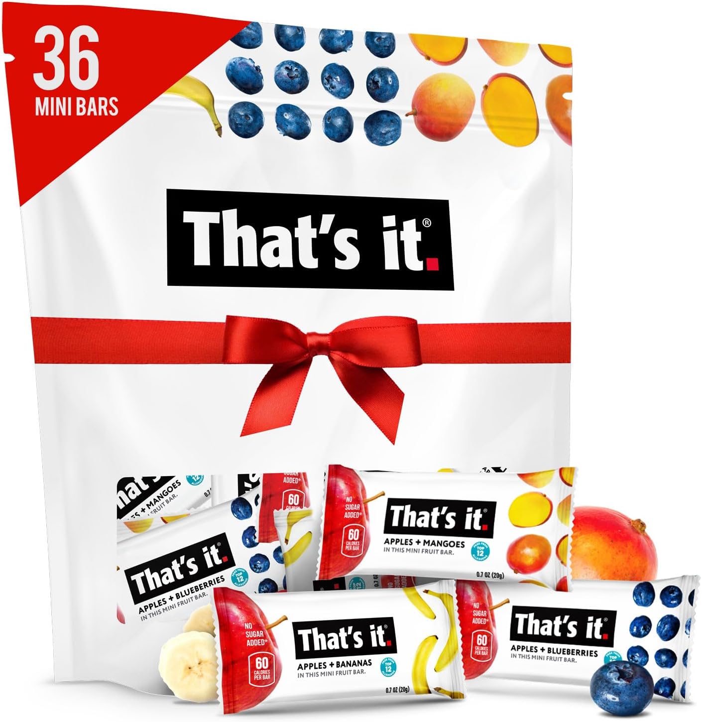 Mini Fruit Bars Gift Pouch (Variety 36 Count) No Sugar Added, Plant-Based, Vegan & Gluten Free, Paleo, Non GMO, Fiber (12 Banana, 12 Blueberry, 12 Mango)