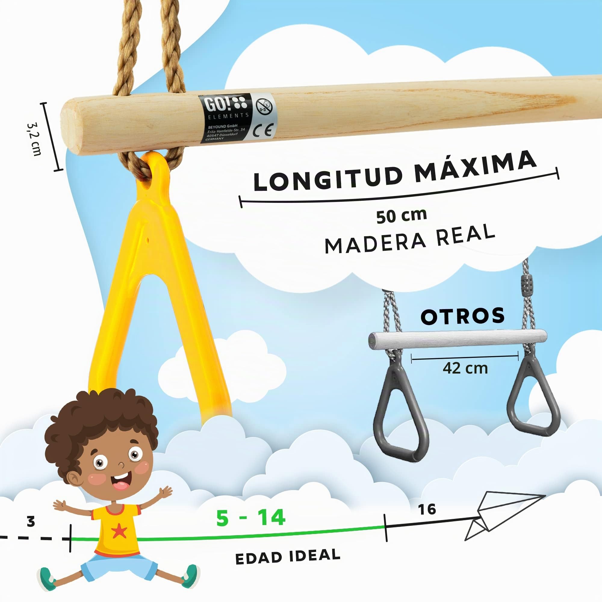 GOelements Columpio Trapecio Jardín Exterior Niños - Asiento Antideslizante - Altura Ajustable - Color: Amarillo