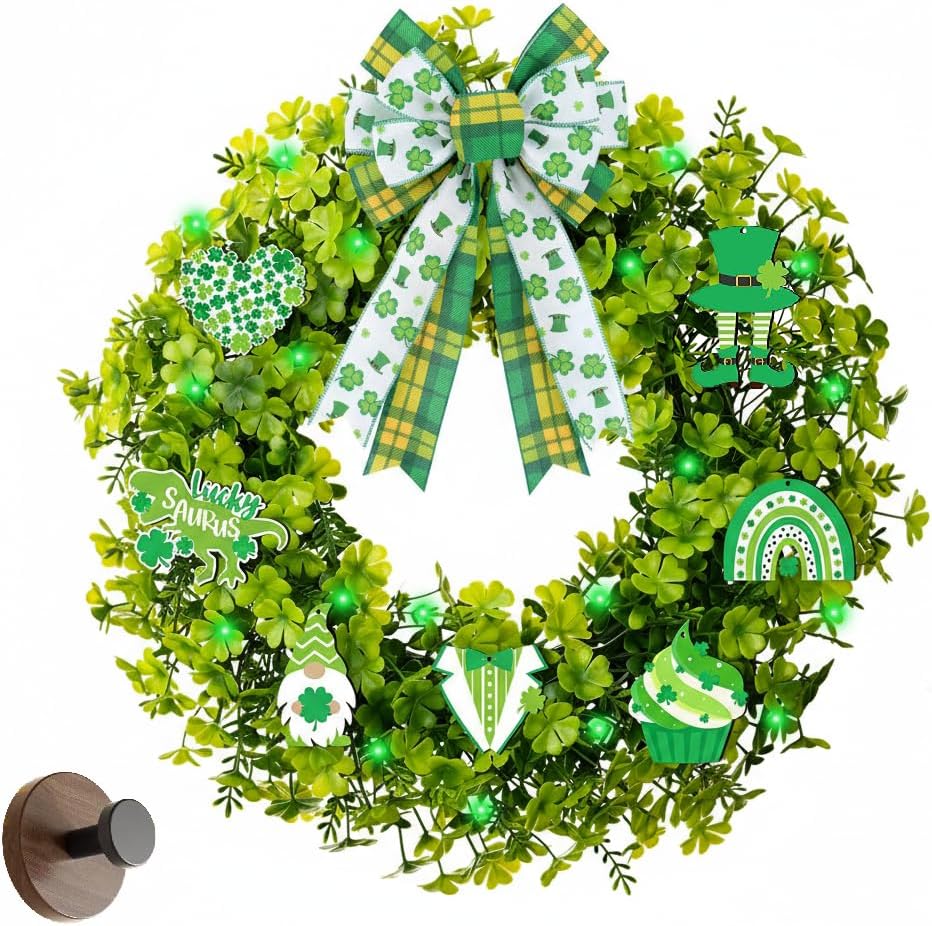 20" St. Patrick's Day Wreath with 20 LED Lights & 10 Detachable Signs -Artificial Shamrock Wreath for Front Door, Includes Hanger & Bow -All-in-One Irish Lucky Ornament Kit for Spring Homez