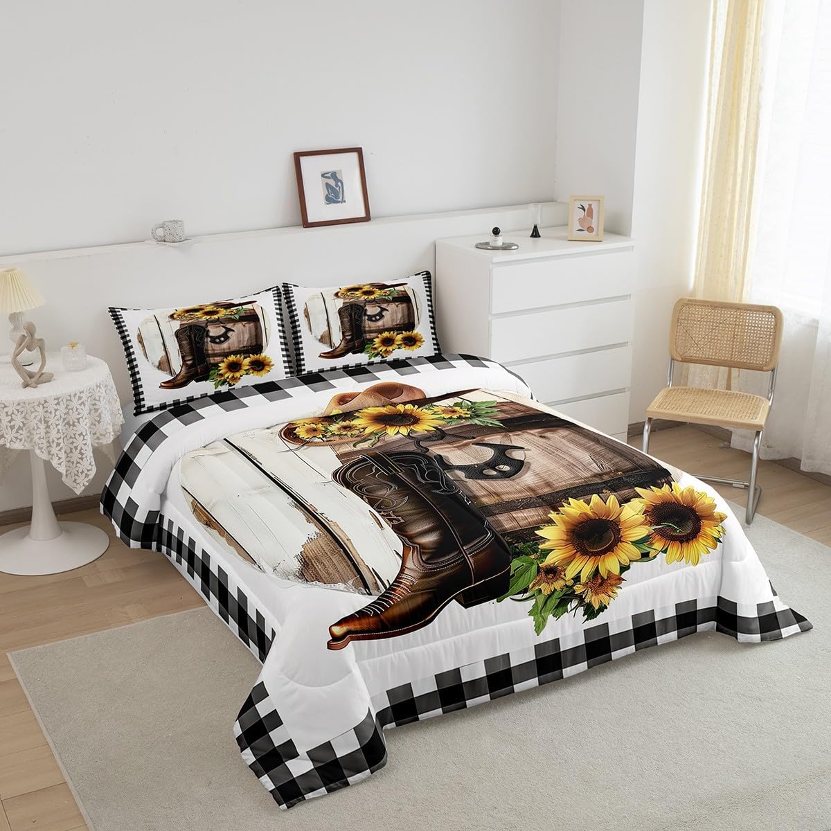 Feelyou Kids Wild Cowboy Bedding Set Queen Size, Western Comforter Set Boys Girls Rodeo Cowboy Style Comforter Sunflower Teens Duvet Set Bedroom Decor with 2 Pillow Case - Image 2