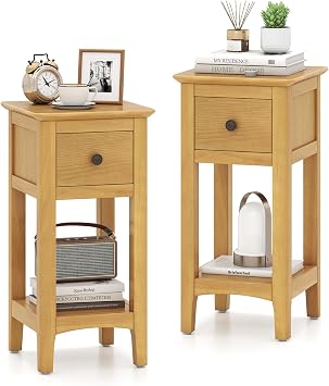 GIANTEX Narrow End Tables with Drawer Set of 2, 23.5" H Side Table w/Open Storage Shelf & Solid Wood Frame, Small Night Stands for Dorm Living Room, Bedroom, Small Spaces, No Assembly Needed, Natural