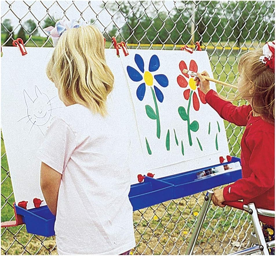 Constructive Playthings Outdoor Fence Double Art Easel for Kids with Trays, Also Turns into Tabletop Easel, Classroom Painting Supplies, Weather-Resistant, S-Hook Attachment, All Ages