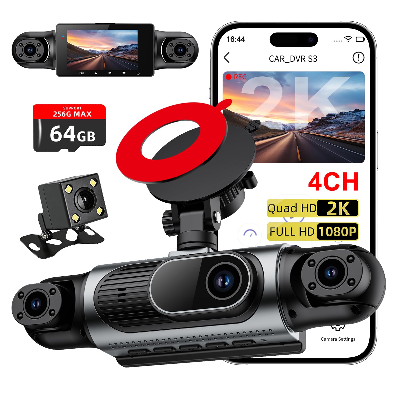 Zunfly 360° Dash Cam 4 Channel, 2K Front+1080P Rear Side Interior, 170°