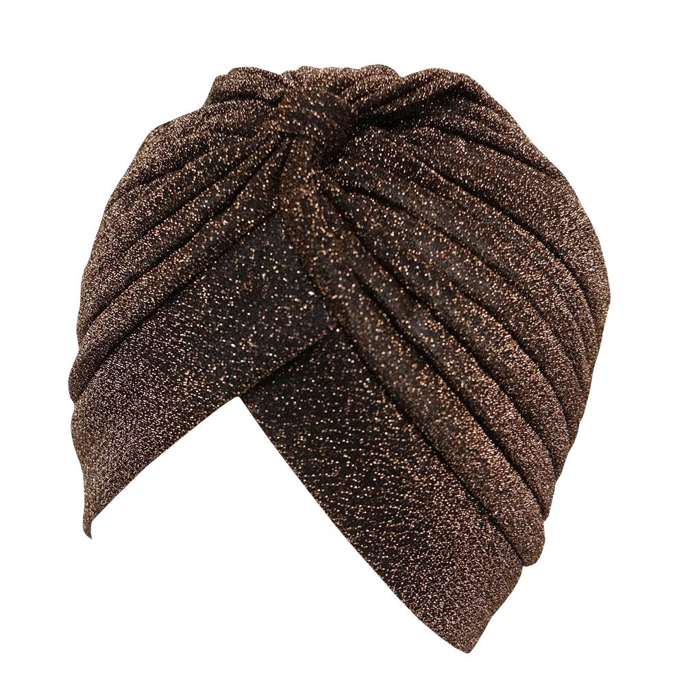 GETACOTA Pleated Glitter Turban for Women Stretchy Hat Beanie Headwrap Twist Elastic Slip on Cap Headwear Accessories, Brown, One Size