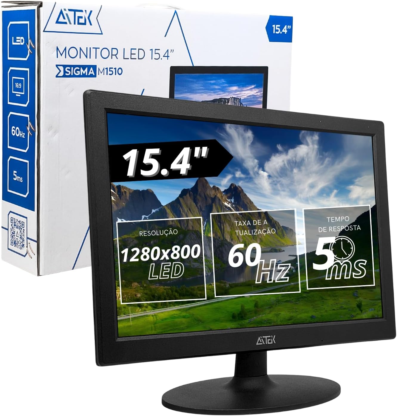 Monitor LED 15.4” Resolução 1280x800 16:9 5ms/60Hz VGA Compacto para Escritório Balcão de Atendimento PDV