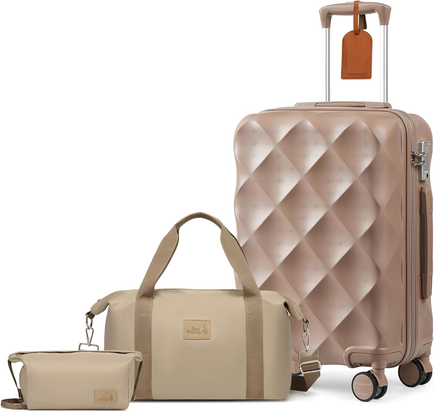 Sea choice ABS Hard Travel Suitcase Set 5pcs Set with Toiletry Bag Travel Bag Set of 3 Luggage (55/65/76) with 8 Wheels TSA Lock, khaki