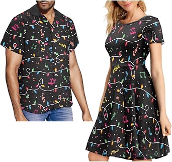 Matching Christmas Outfits for Couples Snowflake Button Down T-Shirts Loose Tops Party Knee Length Christmas Dress