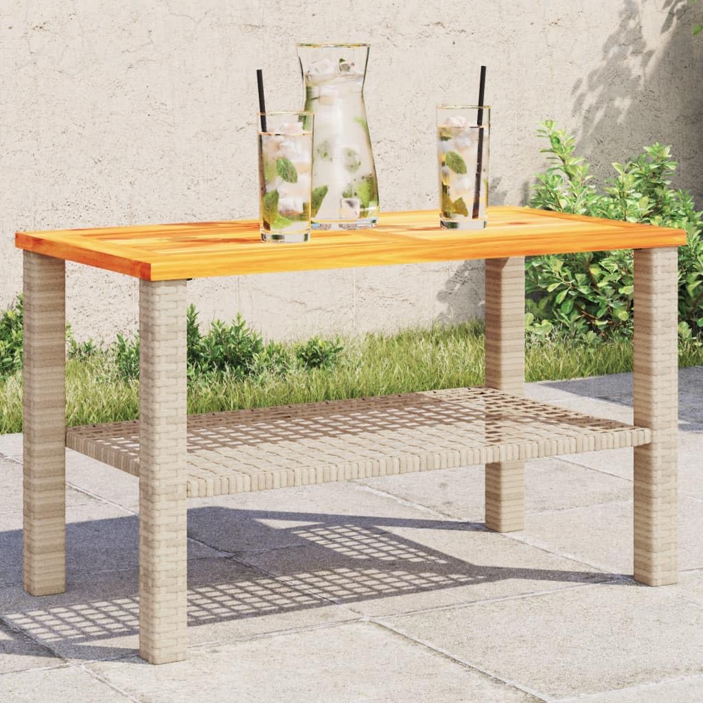 SXZenSpace Garden Coffee Table Beige 70x38x42 cm Poly Rattan Acacia Wood Top Outdoor Side for Small Patio Balcony Bistro Camping Use