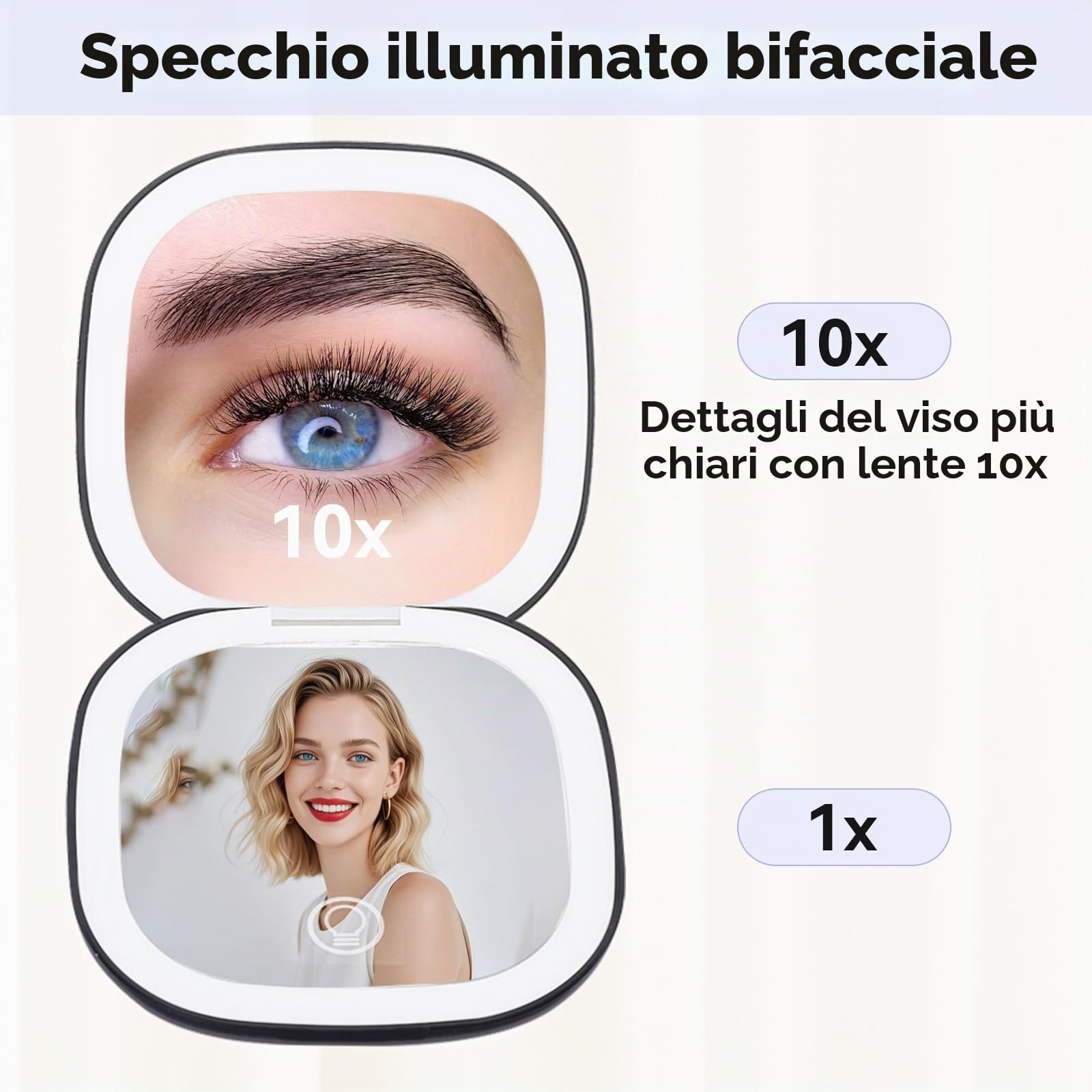 Specchio Portatile con Luce LED,Specchio Ingranditore 1X/10X,Regolabile Luminosità Mirror da Borsetta,per Trucco Precisa, Depilare Sopracciglia,Pinzare,Eliminare Punti Neri,Portatile,Nero