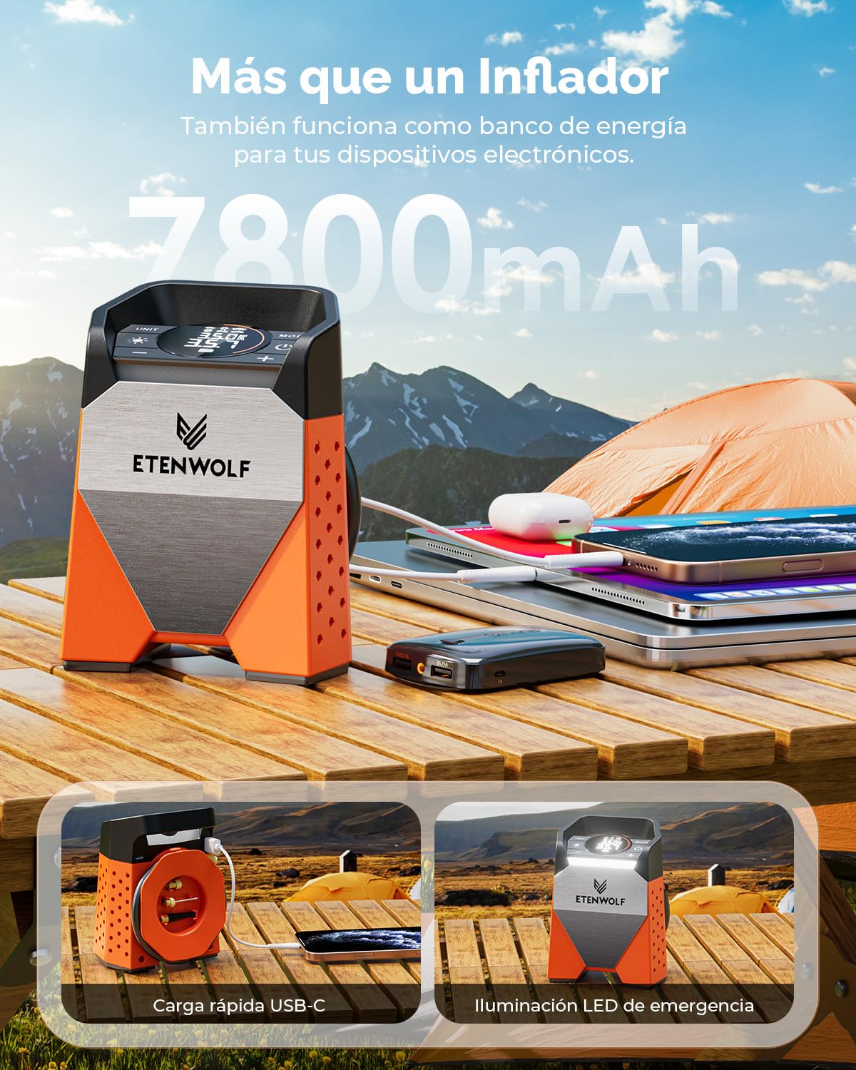 ETENWOLF Zephyr S3-7800mAh Compresor Aire Portatil, 160 PSI/11.03Bar Inflador Ruedas Coche, Motos, Bicicletas, Balones, Llenado Rápido de 1 Minuto y Luces LED Digitales, Banco de Energía USB