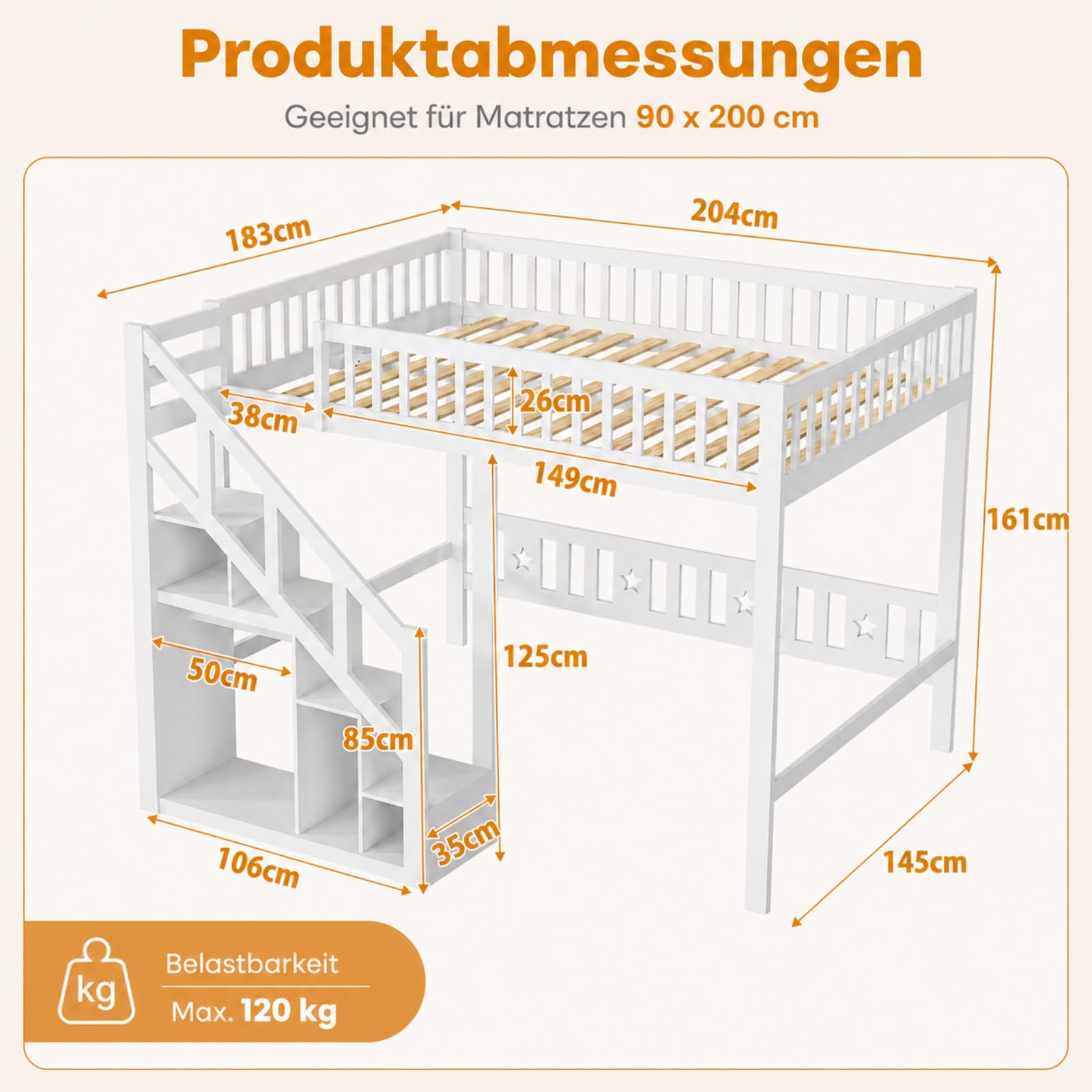 Hochbett 90x200 cm, Etagenbett mit Treppe und Rausfallschutz, Kinderbett mit Aufbewahrungsschrank, Funktionsbett Kinderhochbett Stockbett mit Lattenrost, Spielbett für Jungen Mädchen