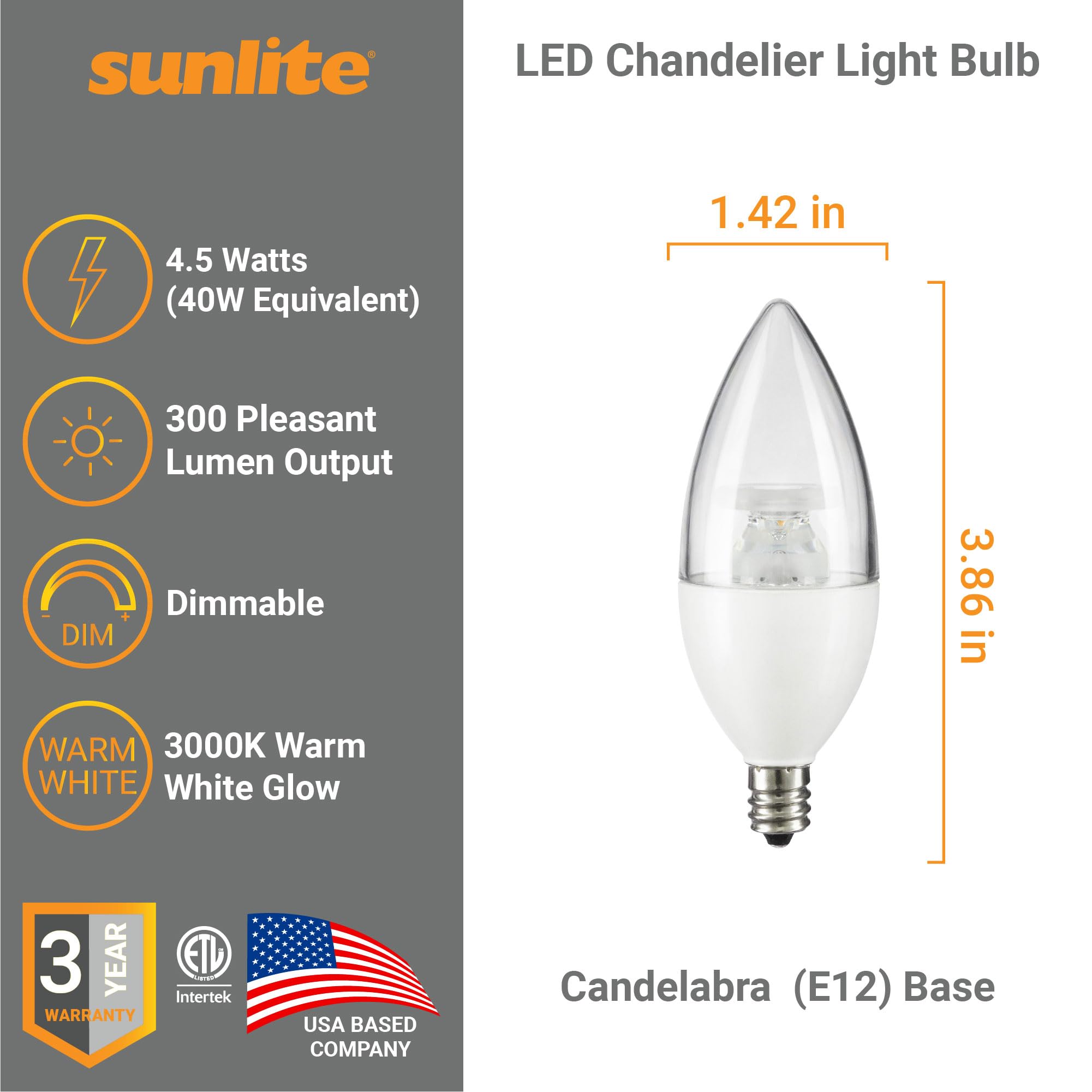 Sunlite LED B11 Clear Torpedo Tip Chandelier Light Bulb 4 5 Watts 40W Equivalent 300 Lumens Candelabra E12 — view 2
