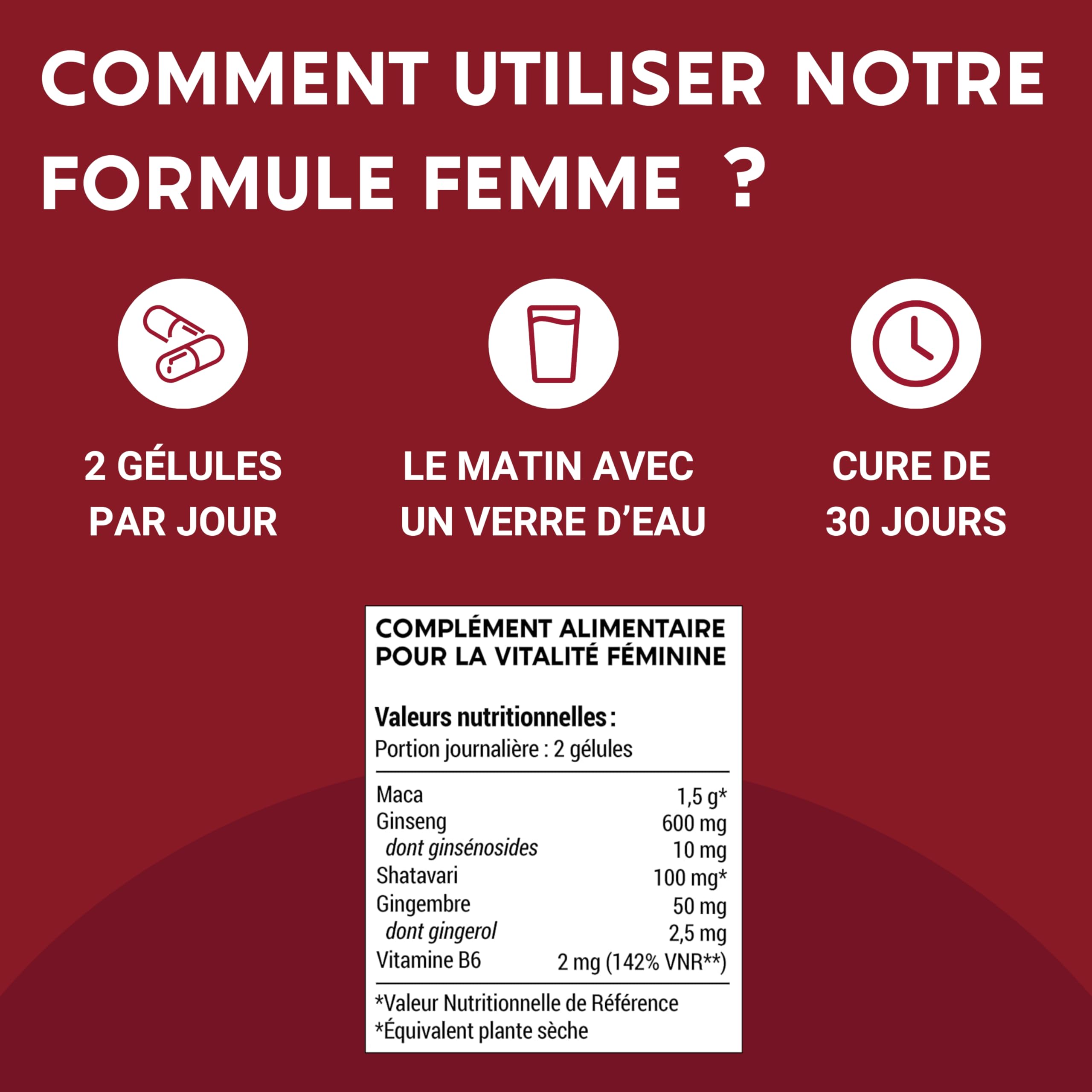 FORMULE FEMME | Vitalité Féminine | Complexe de Plantes : Maca, Gingembre, Ginseng, Shatavari, Vitamine B6 | 60 Gélules | Complement alimentaire | Fabriqué en France | lady era