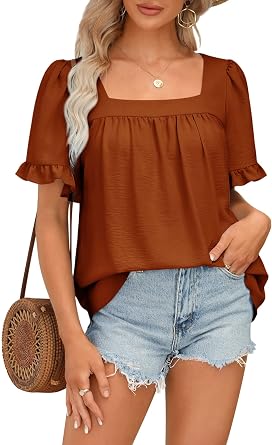 BZB Womens Summer Peplum Tops Sqaure Neck Ruffle Sleeve Blouses Fit Flowy Shirts S-2XL