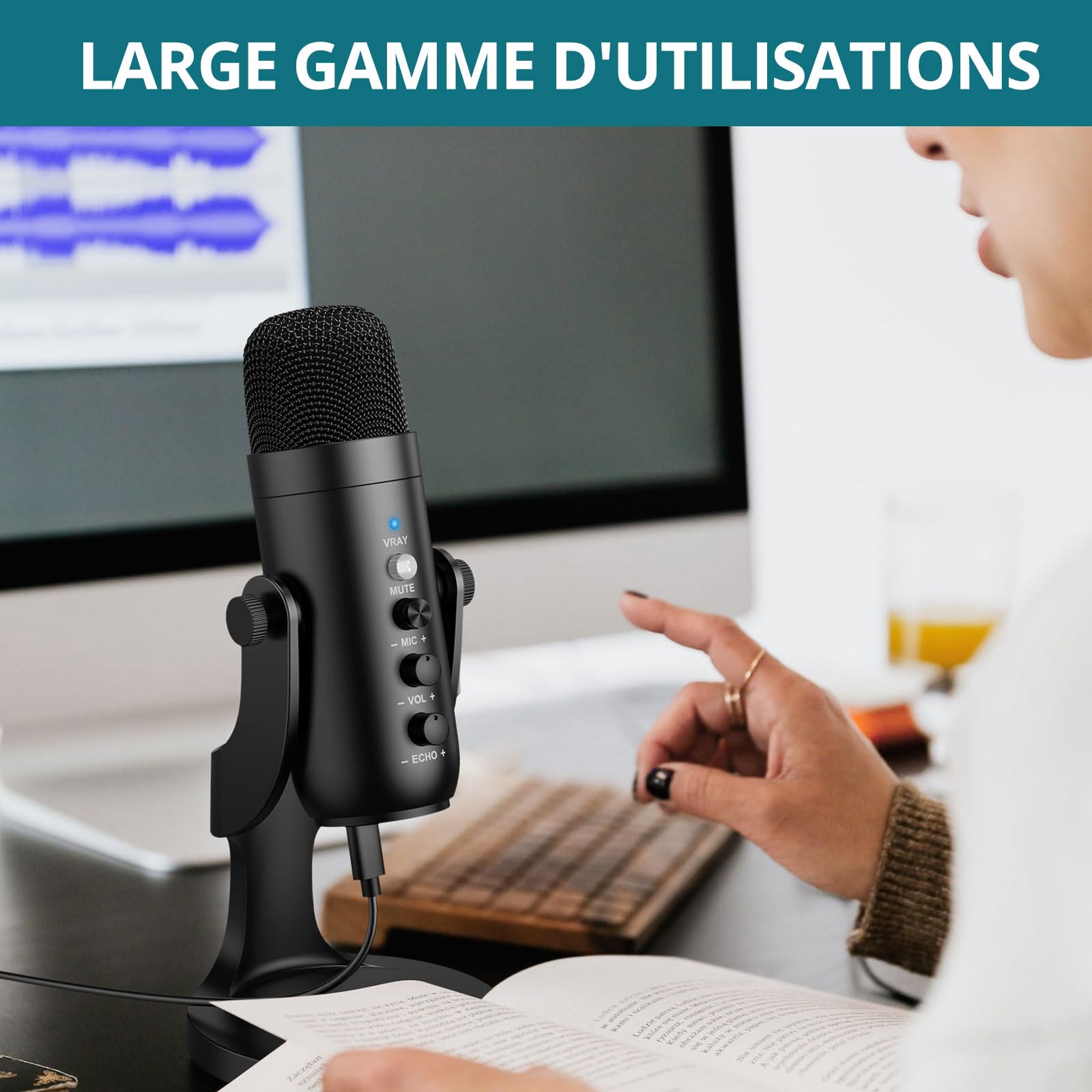 Micro USB à Condensateur Cardioïde avec Contrôle du Volume Microphone USB Micro PC & Mac Micro Gaming Condensateur pour Live, Enregistrement, Gaming, Podcast, Streaming