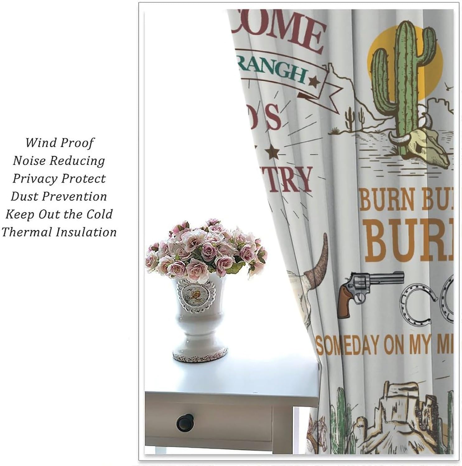 Cowboy Blackout Curtain,Rustic Western Riding Horse Cactus Truck Skulls West Desrt Curtains for Dining Room Living Room Kitchen Cafe Bedroom Office Drapes,42x45 in