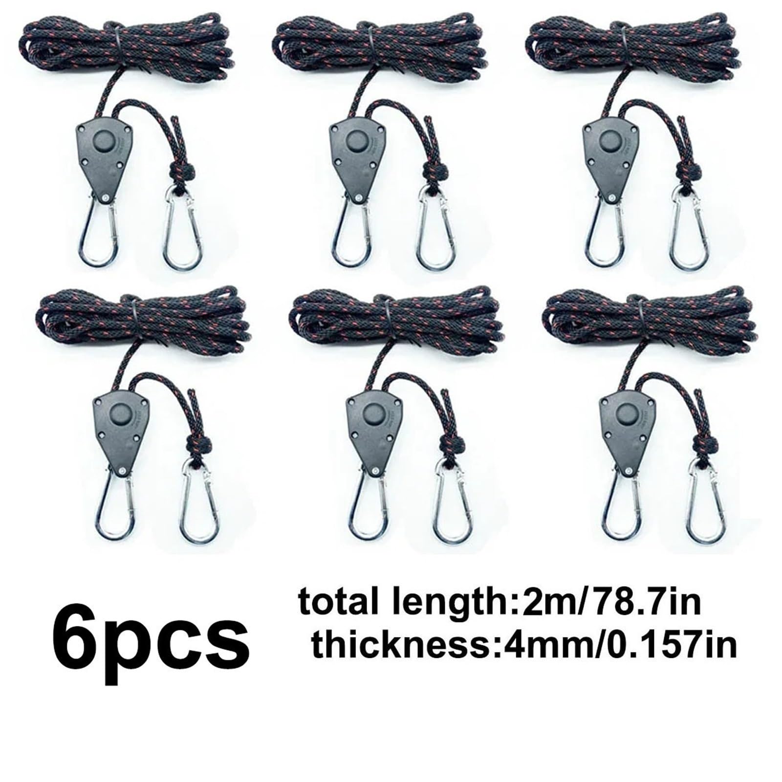 Tensor de cuerda de amarre para tienda de campamento, 6 piezas, fijación de cuerda de viento, hebilla de polea, perchas de trinquete, gancho de cuerda de toldo (2 m 6 piezas)