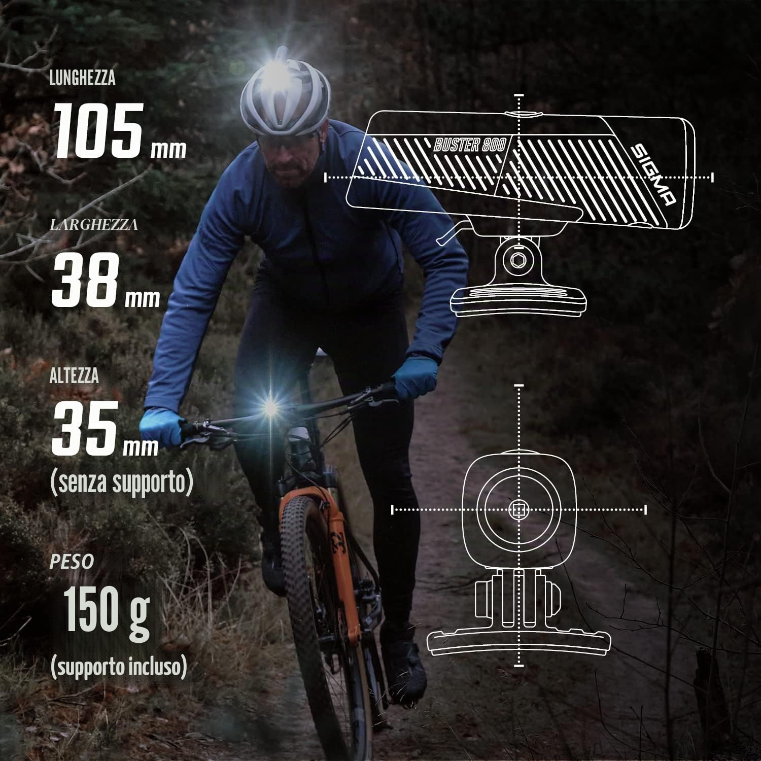 SIGMA BUSTER 800 HL - Luce LED per casco | 800 lumen | luce a batteria con 5 modalità di attivazione | fissaggio sicuro al casco da bici | colore: nero