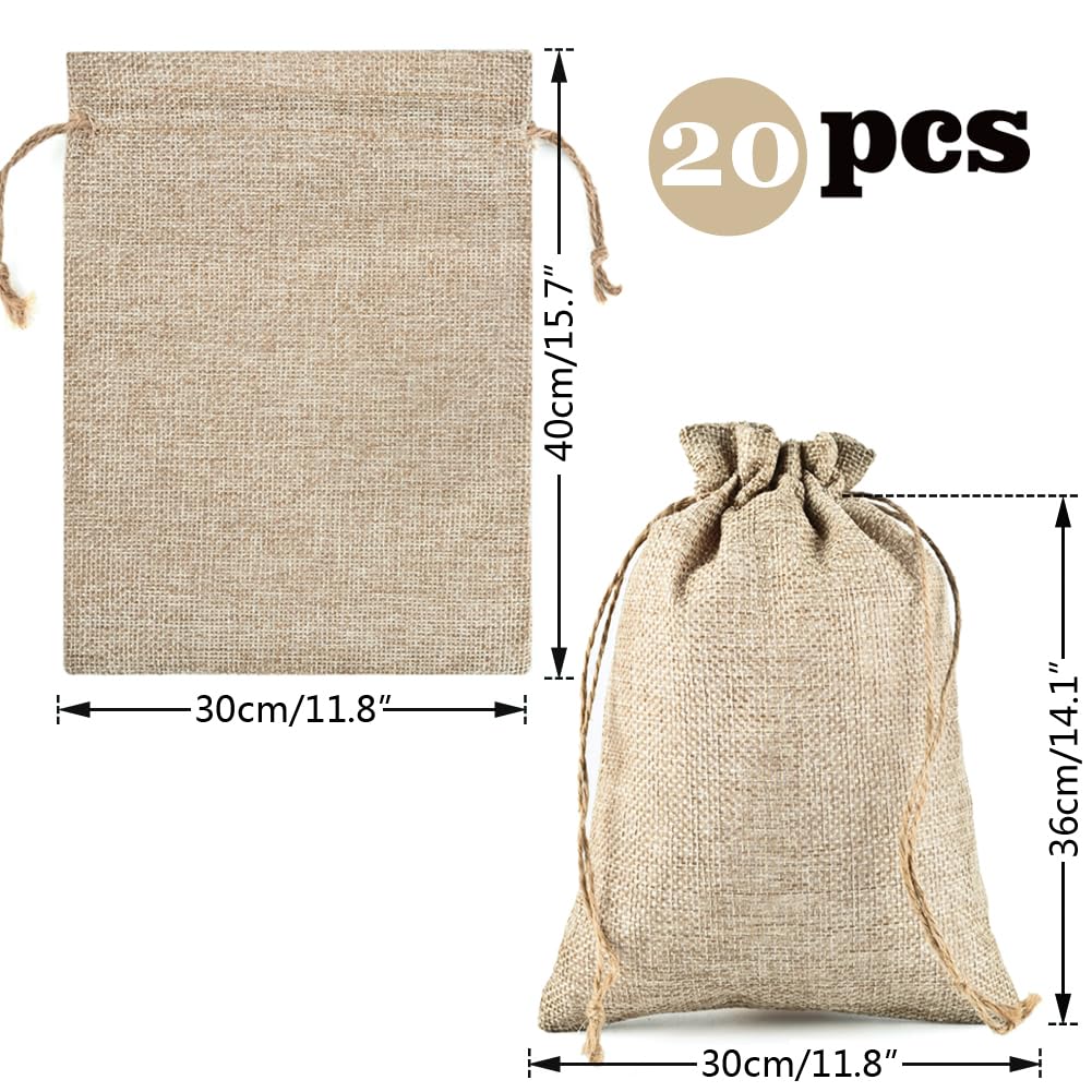 20 sztuk worków z juty surowej (30×40 cm) – woreczki materiałowe ze sznurkiem, woreczki wielokrotnego użytku do napełniania, torebki na prezenty ślubne, kalendarz bożonarodzeniowy