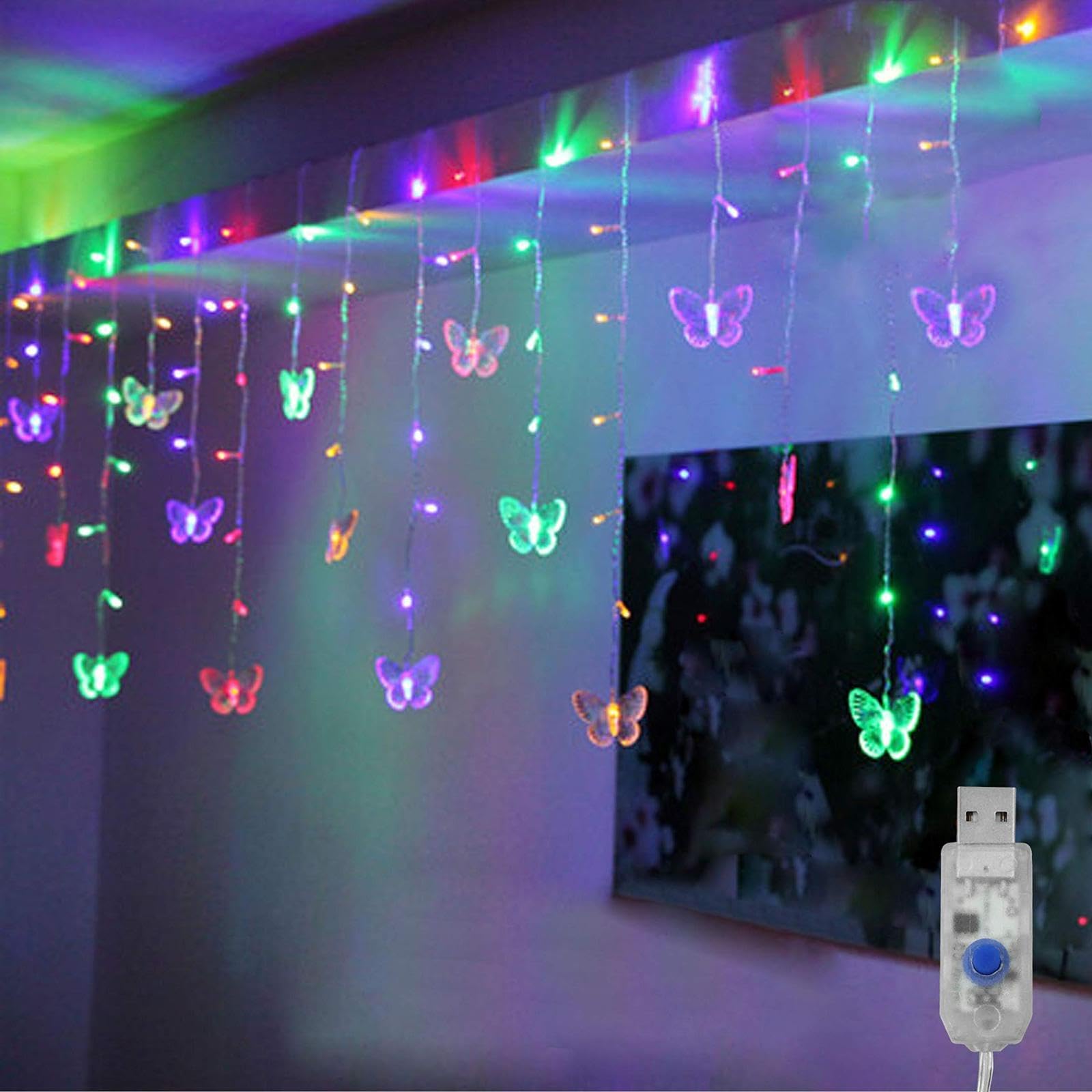 Guirlande lumineuse papillon 120 LED, 4,7 m, 8 modes, alimentation USB avec télécommande, éclairage décoratif pour chambre à coucher, fête de vacances, multicolore