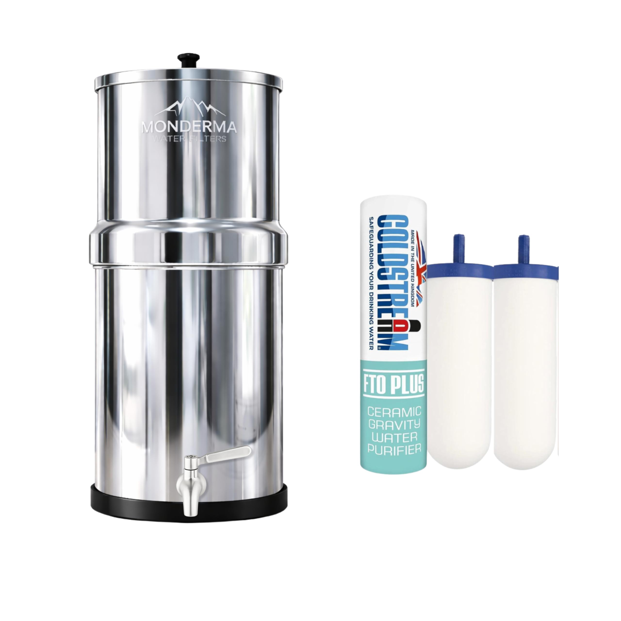 water filters Big 8.5 litres - système de filtration d'eau par gravité, avec 2 cartouches filtrantes FTO+ coldstream certification NSF/ANSI, robinet100% inox.