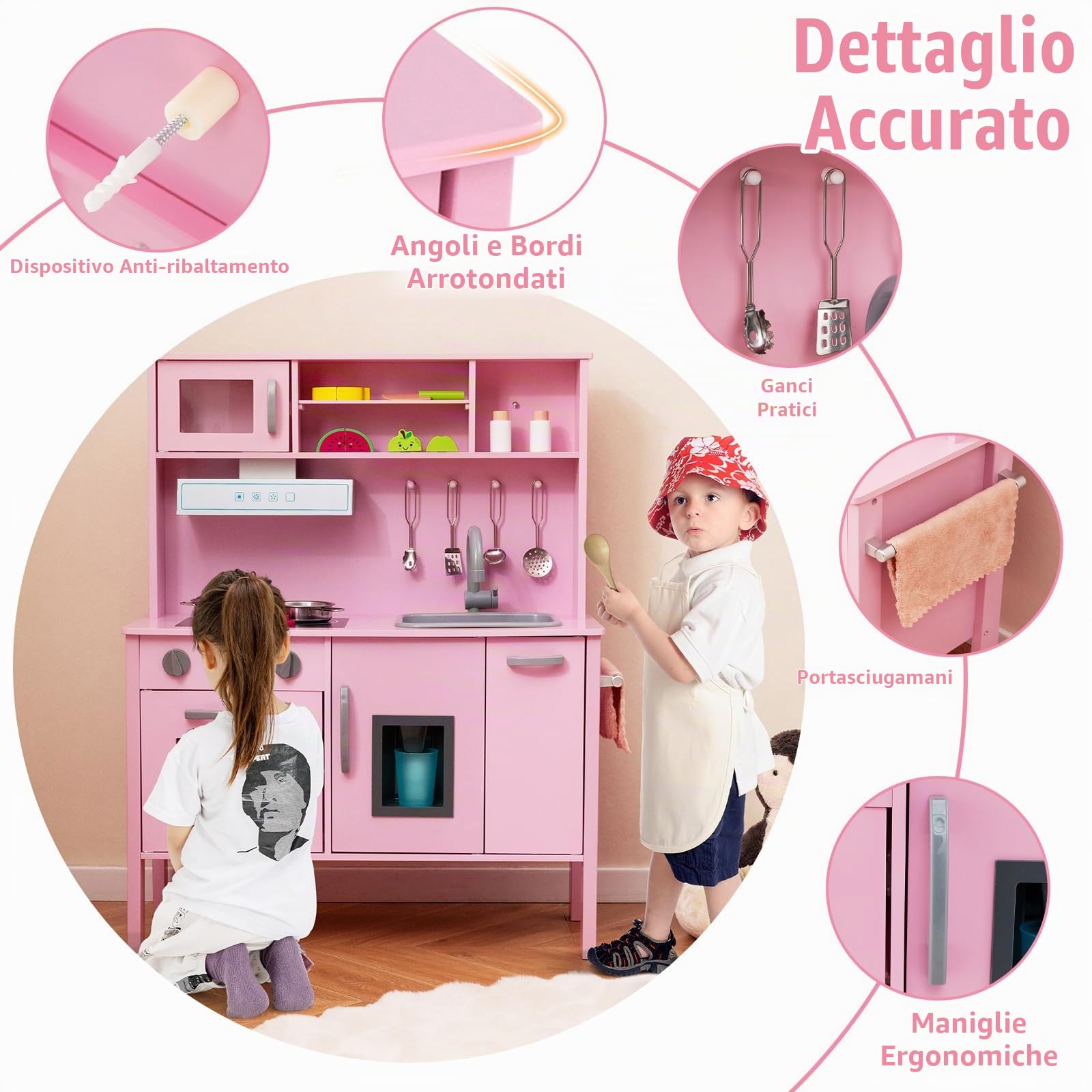 HOMASIS Cucina Giocattolo per Bambini, Cucina in Legno con Lavello, Fornello, Forno, Microonde, Macchina per il Gelato, 18 Accessori, Cucinetta per Bambini dai 3+ Anni (Rosa)