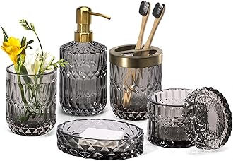 EMPO 6PCS Bathroom Clear Glass Accessories Set (Lotion Soap Dispenser, Soap Dish, Toothbrush Holder, Tumbler, Cotton Swab Jar) Contemporary Modern Decor Crystal Clear Vintage Gift (6pcs Gray)