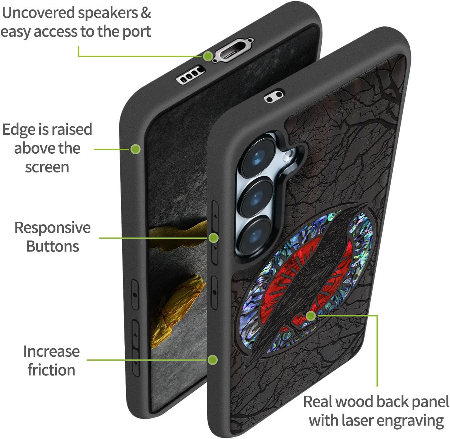 Carveit Designer Wooden Case for Samsung Galaxy S24 FE Case [Wood Engraving & Shell Inlay] Compatible with Wireless Chargers S24 FE Cover (The Haloed Crow-Blackwood)