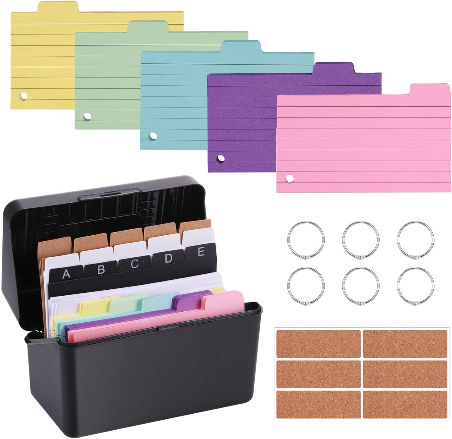 Plastic Index Card Box Set, 3x5 inch Flashcard Organizer with 240 Ruled Index Cards, 15 Tabs, 6 Rings, 6 Stickers, Colourful Index Card Holder for On-The-Go Learning, Study Office and School Supplies