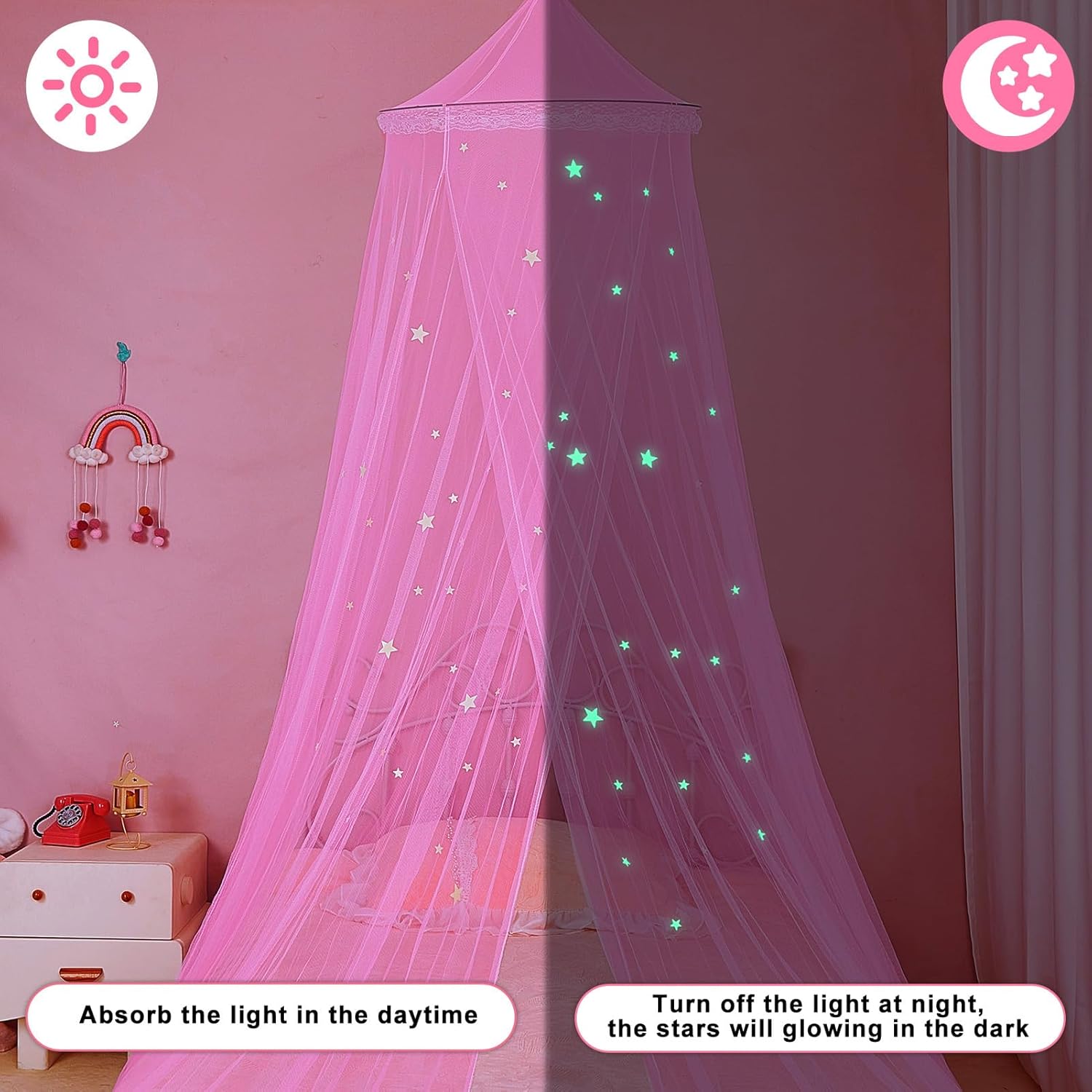 FIOBEE Bed Canopy for Girls Room Bed Canopy Curtains with Led Lights Mosquito Net DIY Princess Room Décor with Stars Butterflies for Kids Bedroom, Hot Pink - Image 4