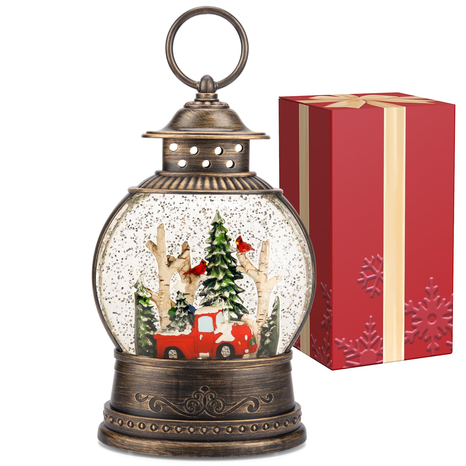 Boule à neige musicale de camion rouge, décorations de Noël musicales, minuterie 6H, fonctionnement USB/piles, camion rouge, décoration d'intérieur