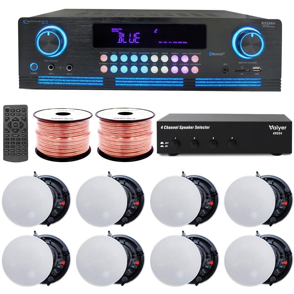 Home Theater System Kit - 2000 W Bluetooth Amplifier w/ 8 Qty of 6.5" Frameless Ceiling Speakers 200 W Each, 4-Ch Speaker Selector, 500 ft Speaker Wire &amp; Remote for Home, Office, Bar - Vaiyer