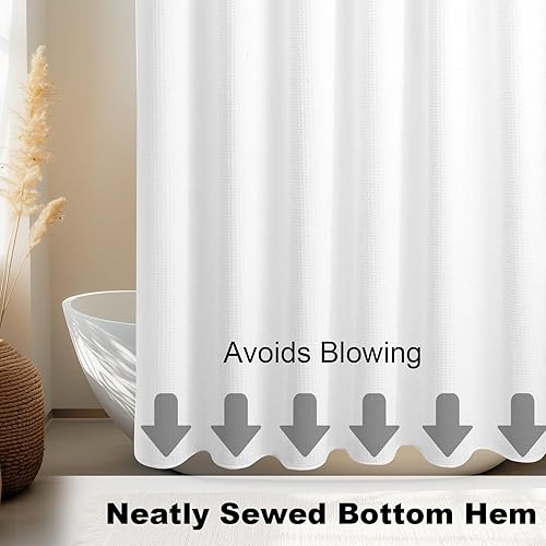 Miniatura 5 de TheBlackSpot Cortina de ducha blanca, juego de cortina de ducha estilo bohemio de punto gofre, tela impermeable, resistente con textura, sin gancho,