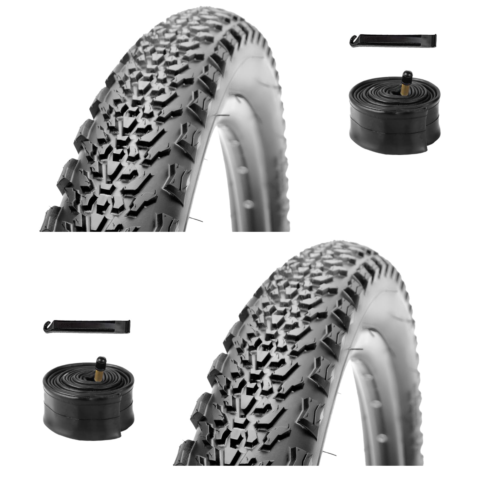 WHEELO Mountainbike-Reifen-Set: 2 Stück 26 x 2,1 Zoll Klappbare Ersatz- Fahrradreifen und Paar Zoll Schrader-Ventil-Innenschläuche mit Reifenhebern für Off-Road-Radfahren Sport & Freizeit