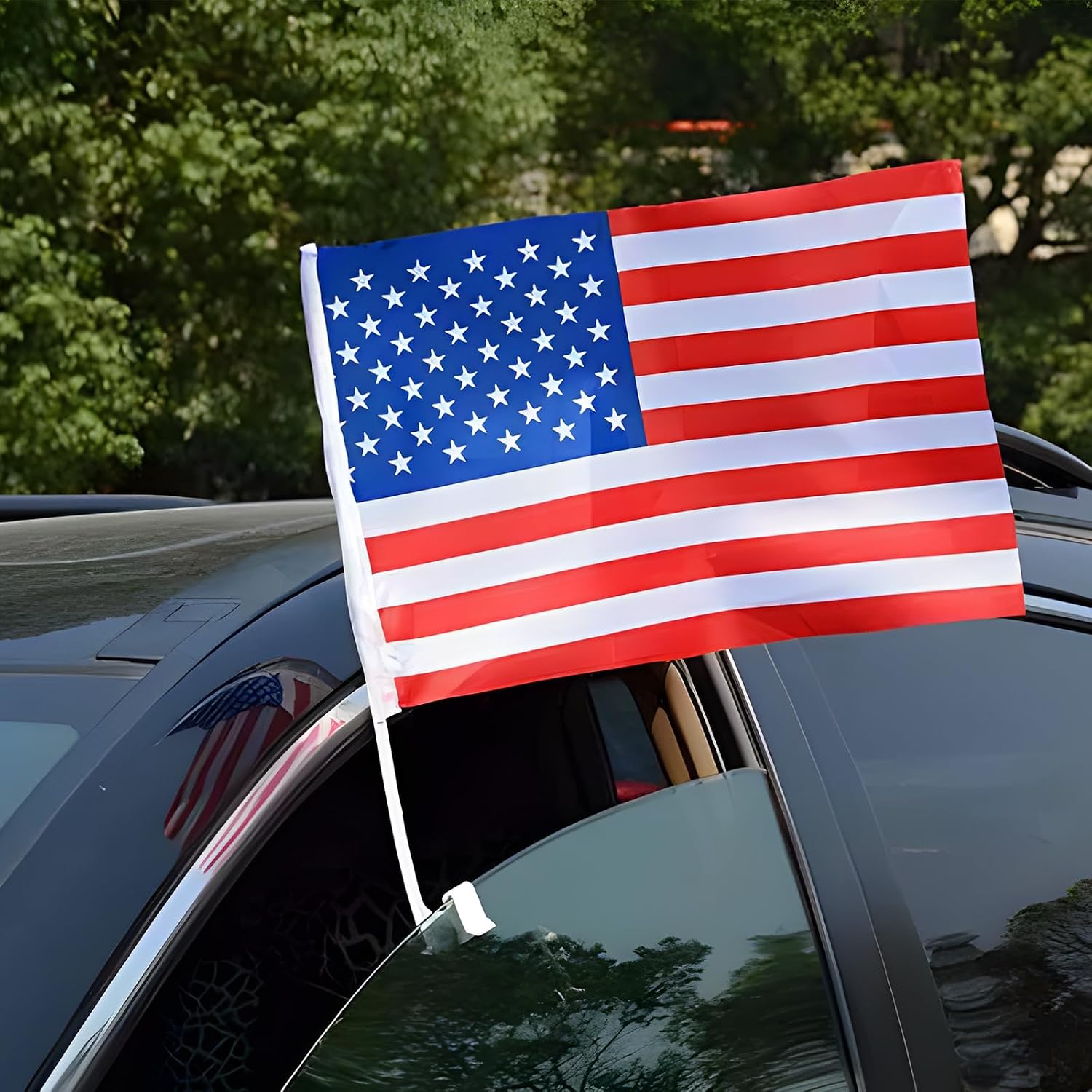 2PCS US American Car Flag Window Clip, 17" x 12" Polyester USA Car Window Flags with Flagpole Mount, Double Sided American Flag Patriotic Decoration for Most Vehicle Windows