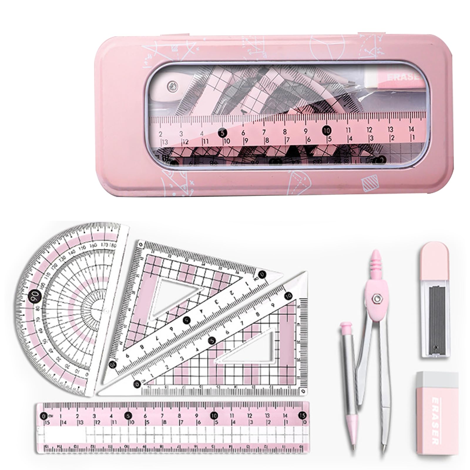 LEBKFT Maths Ruler Set with Box, Protractor and Compass Set with Metal Rulers Eraser and Pencil Durable School Stationery Set in Aesthetic Maths Compass Kit for Accurate Measurement and Daily Use