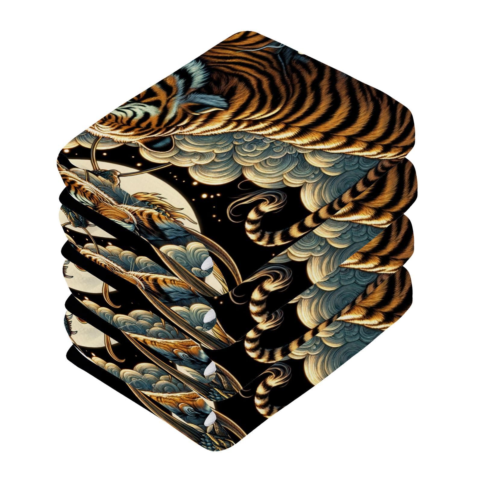 YANENDIE Tiger Dragon Clash Washcloths Towels, Highly Absorbent and Soft Cotton Face Cloths, 4 Pack Quick Dry Wash Cloths - 12 X 12 Inches