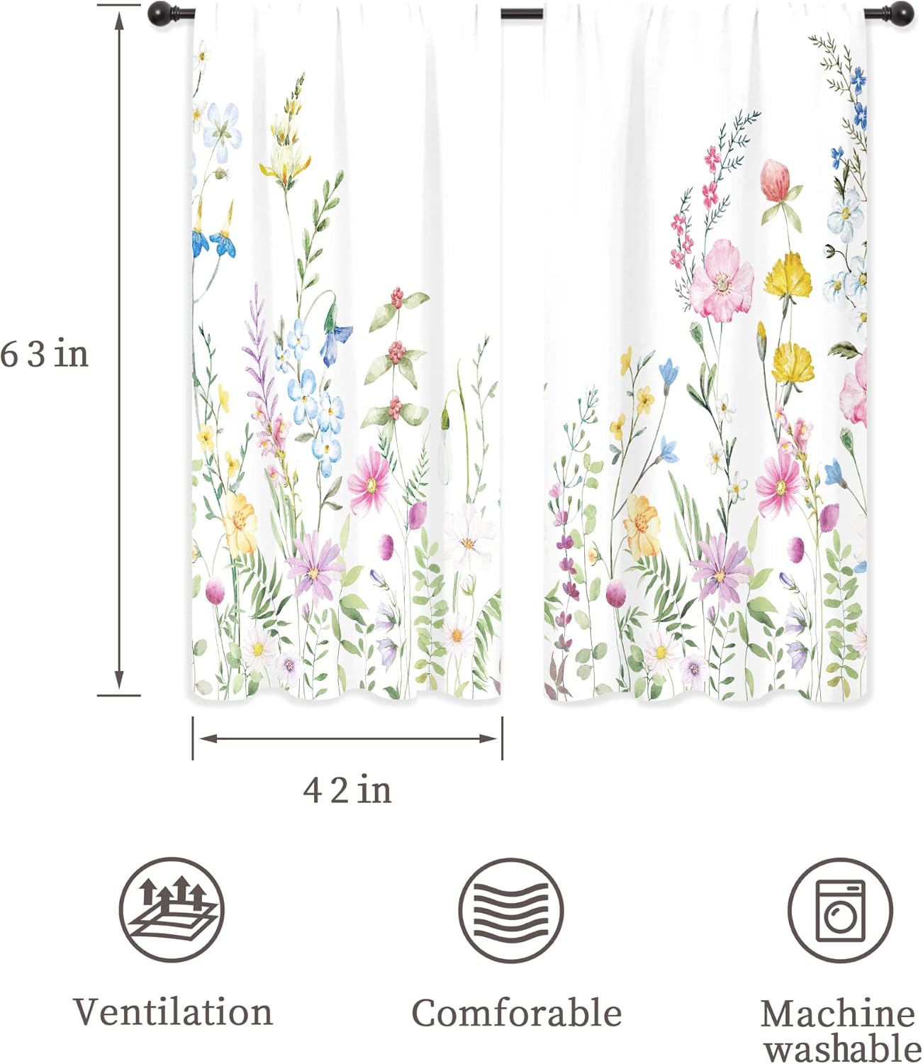 Riyidecor Watercolor Floral Curtains Wildflower Rod Pocket Colorful Flowers Leaves Plants Botanical Women Girls Blossom Spring Nature Rustic Bedroom Living Room Treatment Fabric 2 Panels 42 x 63 Inch