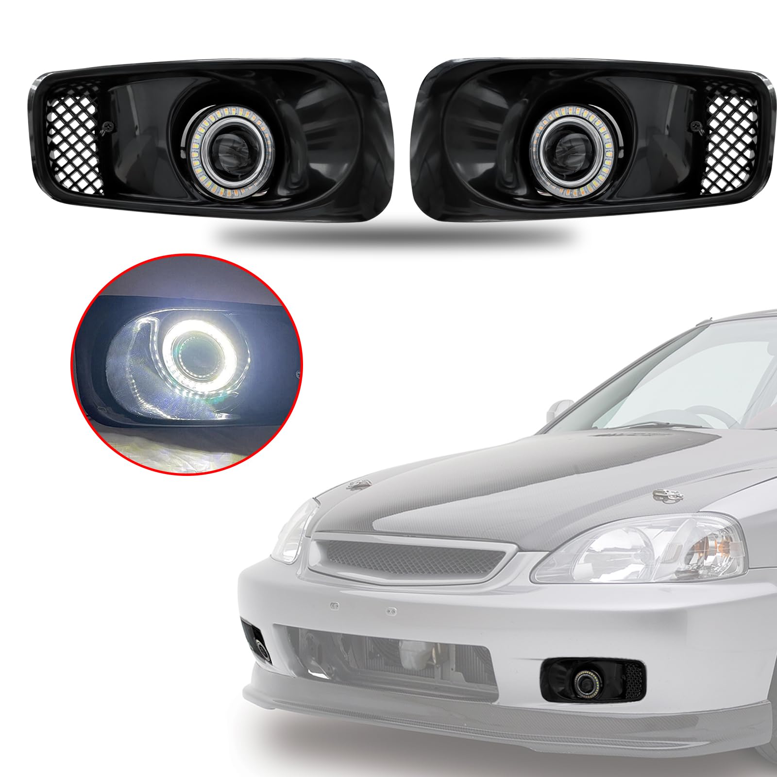 Driving Fog Lights Compatible with 1999-2000 Honda Civic,Driver and Passenger Side Clear Lens LED Halo Projector Fog Lights Lamps DRL