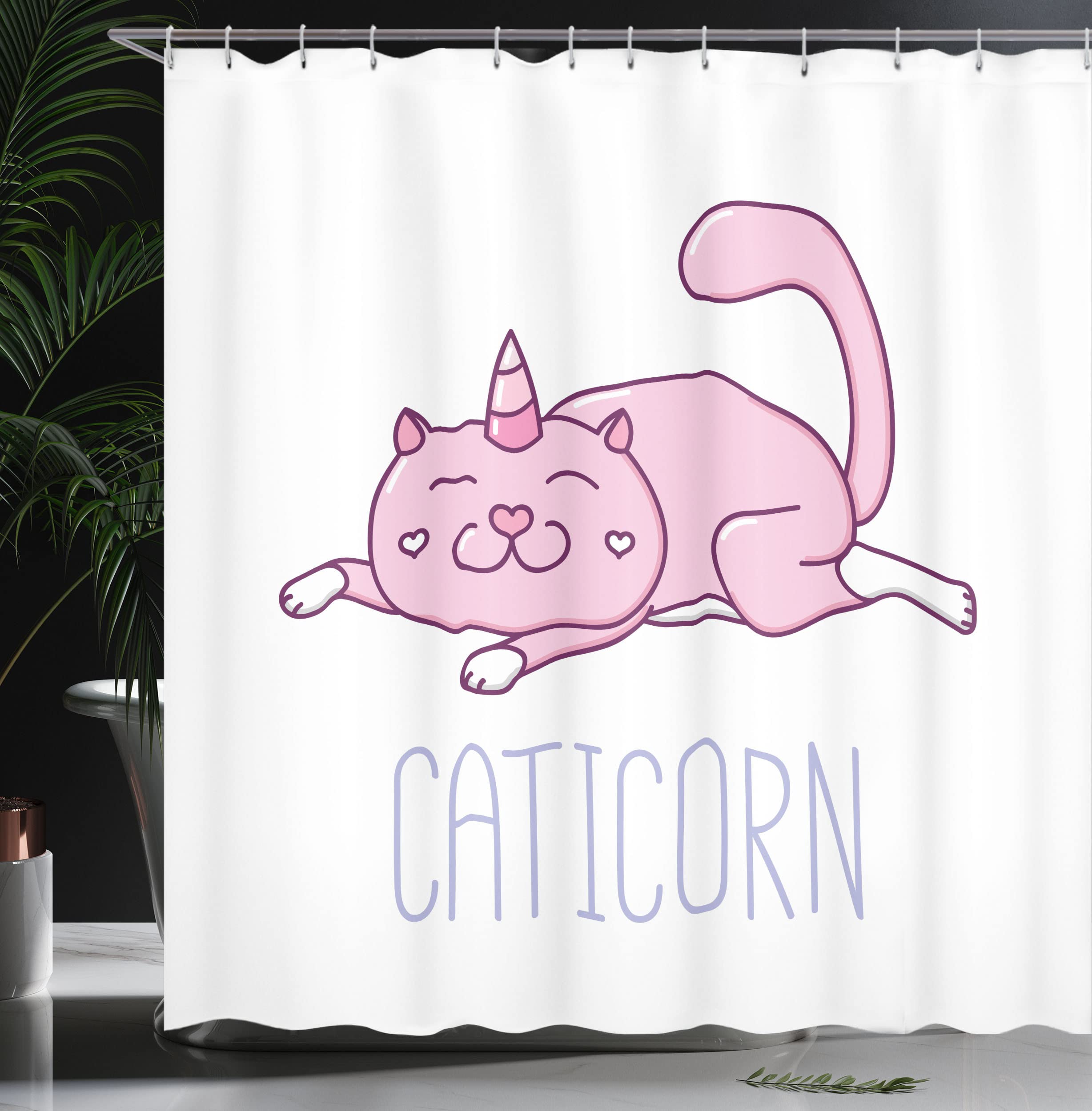 ABAKUHAUS Unicorn Cat Shower Curtain, Pink Cat a Horn and Funny Expression Lying Caticorn Cartoon Mascot - Image 3