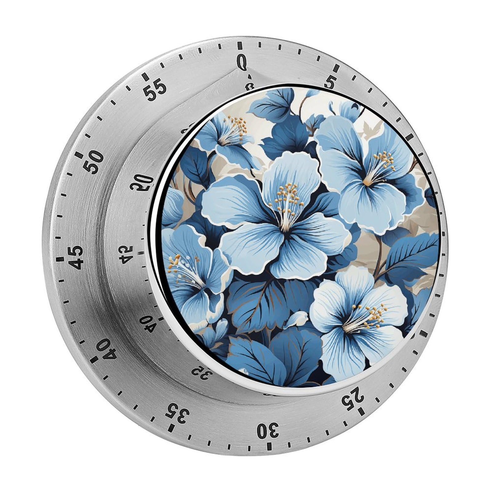 Blue Hibiscus Flower Timer with Loud Alarm Precision 60 Minute Wind Up Timer Portable Manual Countdown Timers Exquisite Stainless Magnetic Kitchen Timers for Cooking Chef Clock