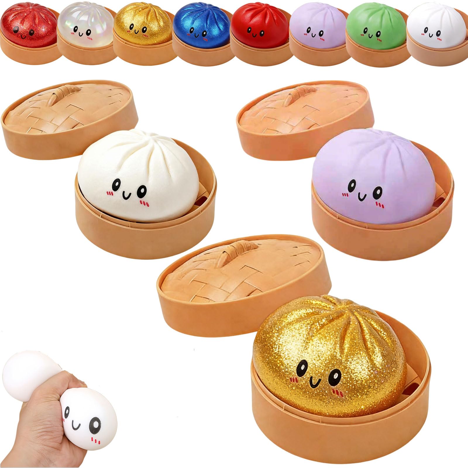 Dumpling Squishy, Squishy Dumpling Toy, Glitter Dumplings Squishiest Toy with Steamer Box, Stress & Anxiety Relief Toys for Kids & Adults Non-Edible (White) — view 11