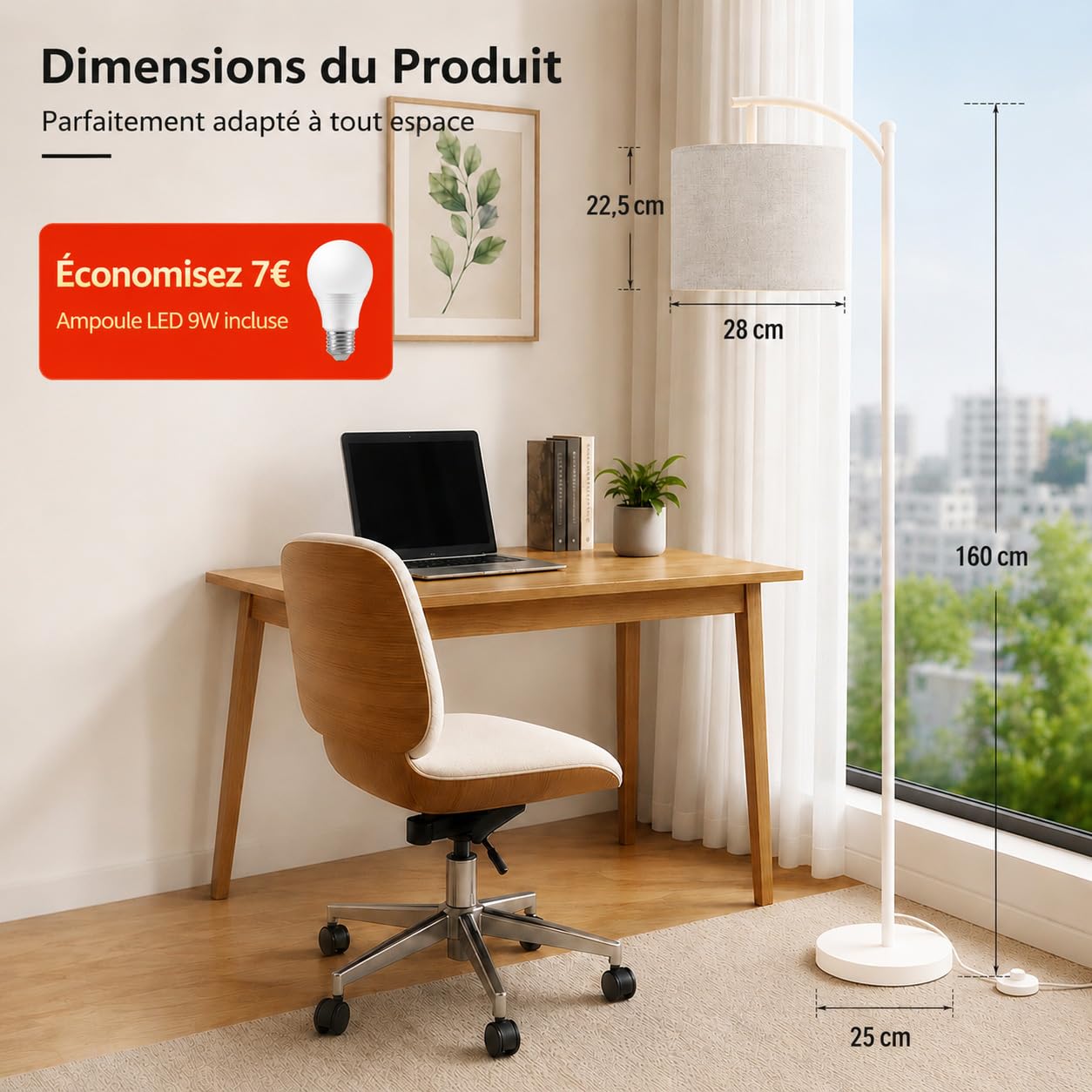 Torkase Lampadaire sur Pied LED Blanc à Arc avec Abat-Jour Tissu