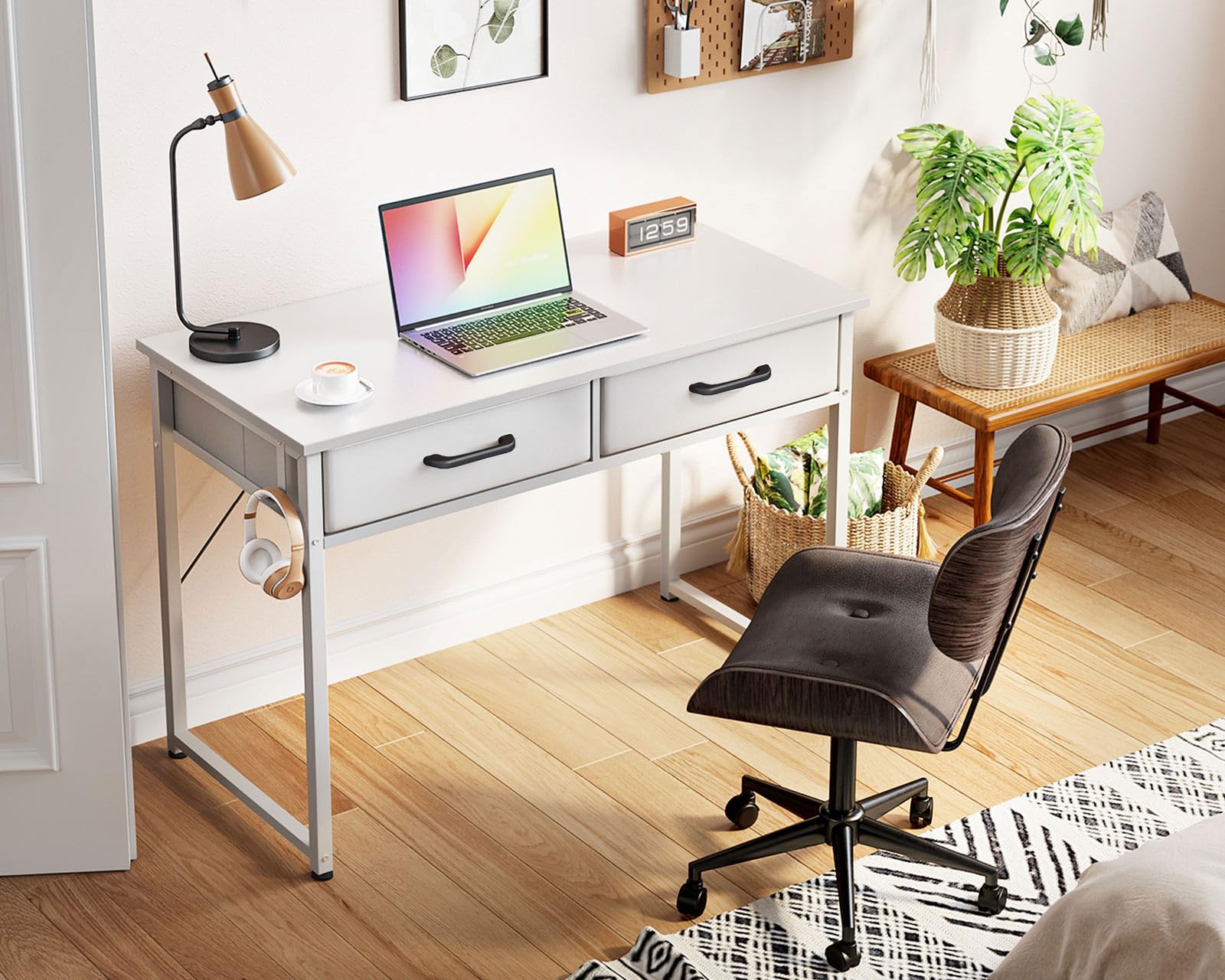 ODK Schreibtisch mit 2 Schubladen, 100 × 40 cm, Kopfhörerhalter, Weiß | Computertisch mit Stauraum, 2 Schubladen aus Stoff und Kopfhörerhalter, Bürotisch und PC Tisch für kleine Räume