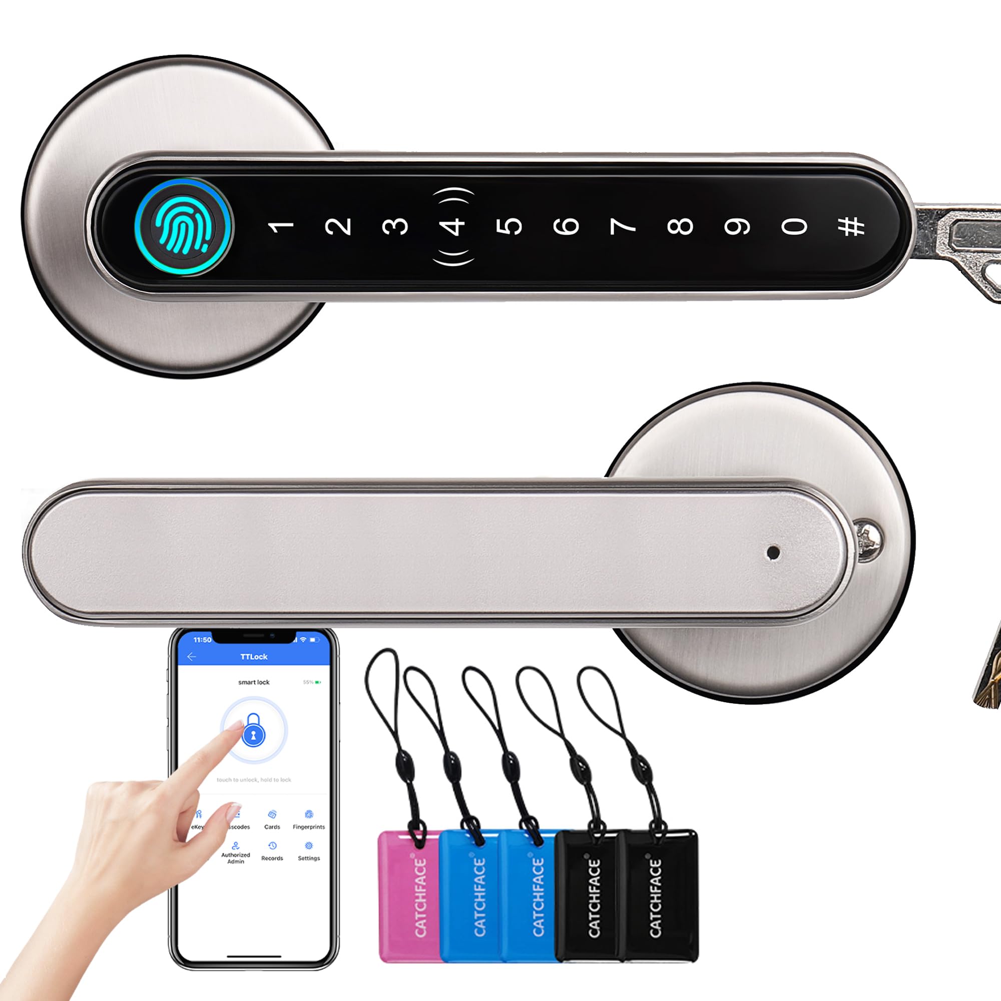 Smart Lock Fingerprint Door Lock, Keyless Entry Door Lock Smart Door Handle Smart Door Lock with WiFi/TTLock App/Code/Backup Key/Fingerprint Smart Door Knob for Front Door Home Airbnb Office